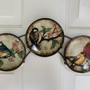 Ceramic Bird Mini Plate Display Set (3) with Plate Holder